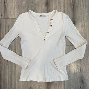 Zara Cream Henley Long Sleeve Top
